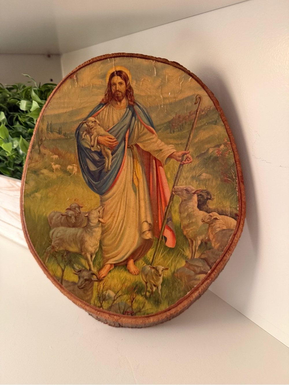 Vintage Jesus Good Shepherd Wood Slice Plaque Rustic Religious Wall Hanging